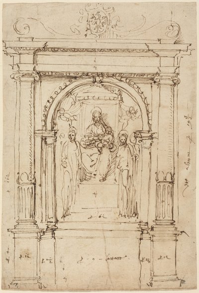 Alttaritaulu Madonna ja lapsi pyhimysten kanssa arkkitehtonisessa ympäristössään tekijältä Perino del (1501-47) Vaga
