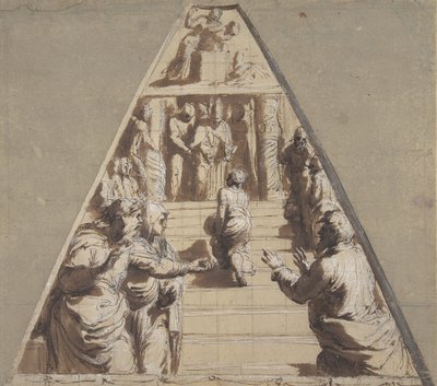 Neitsyen esitys alla olevassa temppelissä, Abraham uhraamassa Iisakin ylhäällä, 1520. tekijältä Perino del Vaga