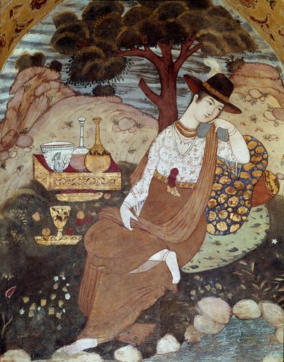 Abbas I:n vallan alainen persialainen prinsessa, lepää 1600-luvulla. Fresko 40 pylvään palatsista (Chehel Sotoun) Isfahanissa (Isfahan tai Esfahan, Isfahan), Iran. tekijältä Persian School