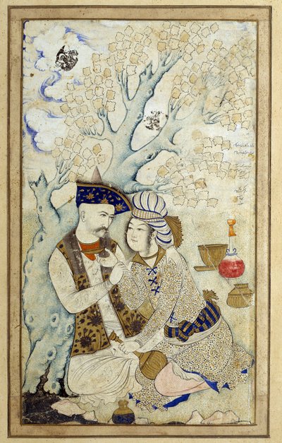 Taide-islam: Shah Abbas I:n muotokuva syleilemässä yhtä hänen sivuistaan. Persialainen piirros vuodelta 1672. Mitat: 0,16 x 0,27 m. Pariisi, Musee du Louvre tekijältä Persian School