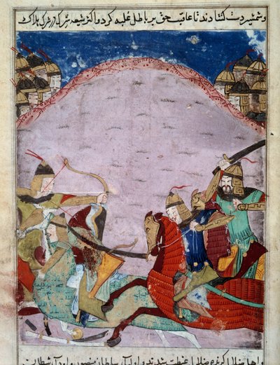 Taistelu mongolien ja georgialaisten välillä. Georgialaiset pakenevat. Persialainen miniatyyri noin 1430. Paris, B.N. tekijältä Persian School