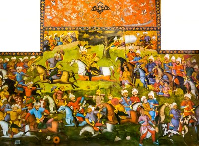Taher-Abadin taistelu tai Mervin taistelu Shah Ismail I:n voitolla Muhammad Shaybani Khanista, vastaanottosali, Chehel Sotun, 1647 tekijältä Persian School