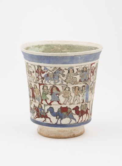 Dekantterilasi, joka kuvaa "Shahnama", Kashan, Iran, Saljuq-kausi, 1100-luvun loppu (kivitahna maalattu lasitteen alle ja lasitteen päälle emalilla) tekijältä Persian School