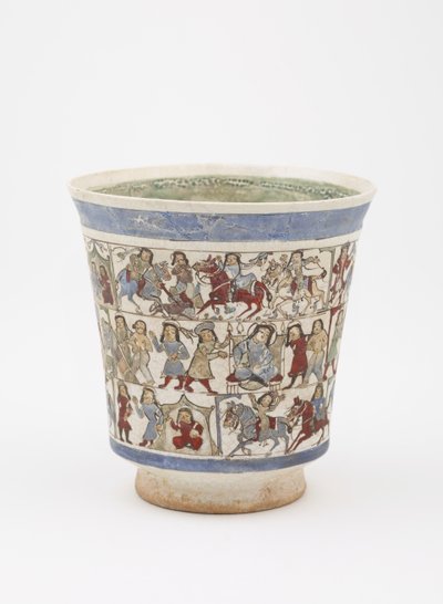 Dekantterilasi, joka kuvaa "Shahnama", Kashan, Iran, Saljuq-kausi, 1100-luvun loppu (kivitahna maalattu lasitteen alle ja lasitteen päälle emalilla) tekijältä Persian School