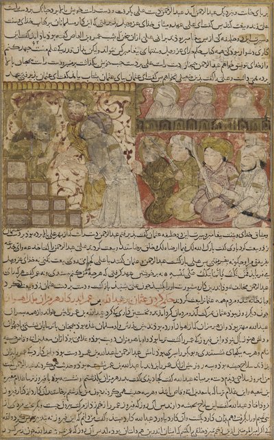 Balamin folio Tarikhnamasta (historian kirja): Othmanin valinta Medinan kalifaattiin, n. 1300 (läpinäkymätön akvarelli, muste ja kulta paperilla) tekijältä Persian School