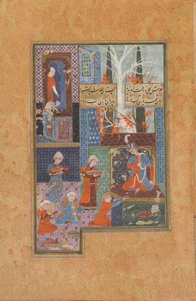 Jamin (k. 1492) folio divaanista (kokoelma runoja); Prinssi ja avustajat (läpinäkymätön akvarelli, muste ja kulta paperille) tekijältä Persian School