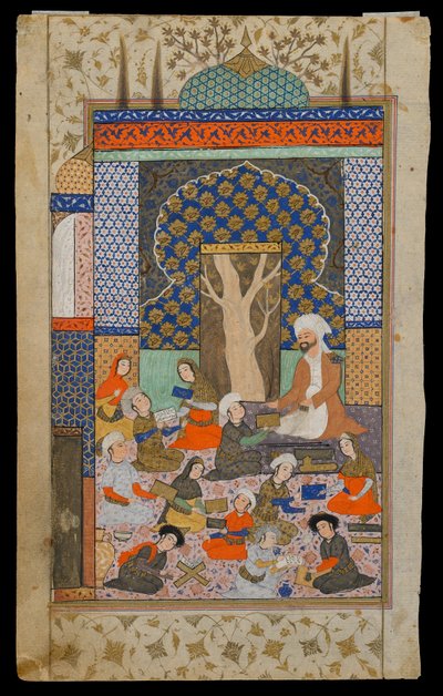 Folio Nizamin Khamsasta (kvintetti); recto: Layla ja Majnun koulussa, Iran, Safavid-kausi, n. 1600-10 (läpinäkymätön akvarelli, muste ja kulta paperille) tekijältä Persian School
