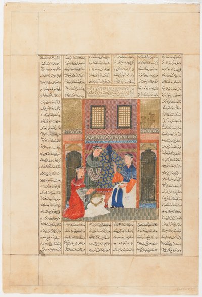 Folio Shahnamasta (Kuninkaiden kirja), kirjoittanut Firdawsi (k. 1020); Recto: Sandukht tulee tietoiseksi Rudaban toimista, Tabriz, Iran, Il-Khanid-kausi, n. 1330-1340 (läpinäkymätön akvarelli, muste ja kulta paperilla) tekijältä Persian School