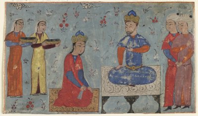 Folio Shahnamasta (Kuninkaiden kirja), kirjoittanut Firdawsi (k. 1020); recto: Sindukht Before Sam, Iran (läpinäkymätön akvarelli, muste ja kulta paperille) tekijältä Persian School