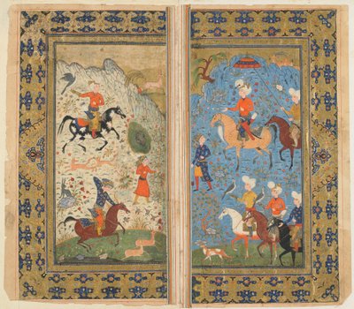 Folio Shahnamasta (Kuninkaiden kirja), kirjoittanut Firdawsi; A Royal Hunt, Iran, n. 1590-1600 (läpinäkymätön akvarelli, muste ja kulta paperilla) tekijältä Persian School