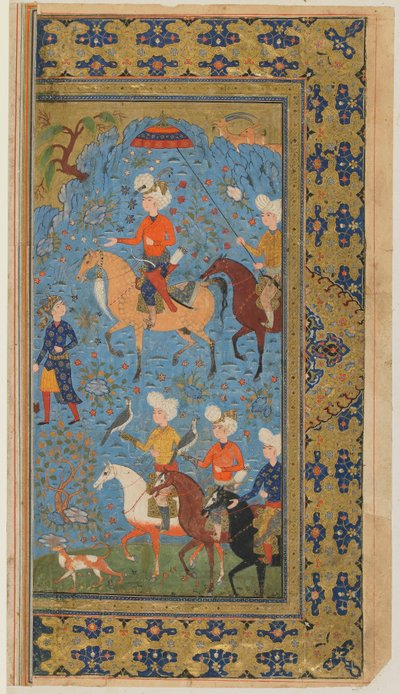 Folio Shahnamasta (Kuninkaiden kirja), kirjoittanut Firdawsi; A Royal Hunt, Iran, n. 1590-1600 (läpinäkymätön akvarelli, muste ja kulta paperilla) tekijältä Persian School
