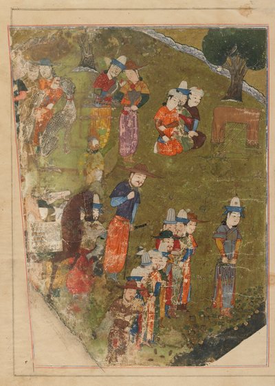 Folio Zafarnamasta; recto: Timur antaa yleisölle nouseessaan valtaistuimelle Balkhissa; verso: teksti, Shiraz, Iran, Timuridikausi, 1436 (läpinäkymätön akvarelli, muste ja kulta pa tekijältä Persian School