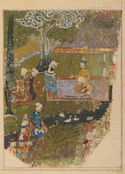 Folio Zafarnamasta; toisinto: Timur jakaa yleisön nouseessaan valtaistuimelle Balkhissa, Shirazissa, Iranissa, Timurid-kaudella (läpinäkymätön akvarelli, muste ja kulta paperilla) tekijältä Persian School