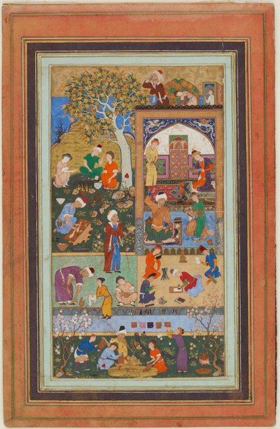 Folio albumista; Koulukohtaus, Tabriz, Iran, Safavid-kausi, n. 1540 (läpinäkymätön akvarelli, mustetta ja kultaa paperilla) tekijältä Persian School