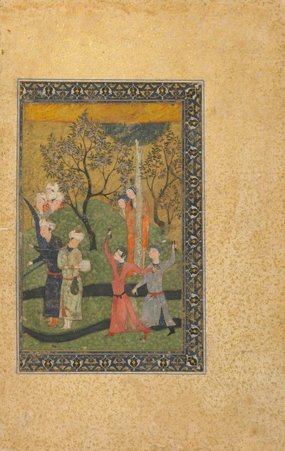 Folio tunnistamattomasta tekstistä; Prinssi ja prinsessa hovimiesten ympäröimänä puutarhassa, Iran, turkomaaniaika, n. 1480 (läpinäkymätön akvarelli, muste ja kulta paperilla) tekijältä Persian School