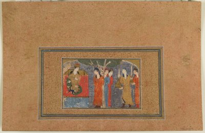 Folio tunnistamattomasta tekstistä; A Princess Enthroned, Iran, n. 1440-1450 (läpinäkymätön akvarelli, muste ja kulta paperilla) tekijältä Persian School