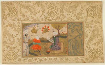 Folio tunnistamattomasta tekstistä; Nainen keskustelee istuvan miehen kanssa virran varrella, Iran, n. 1500 (läpinäkymätön akvarelli, mustetta ja kultaa paperilla) tekijältä Persian School