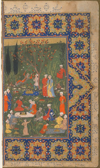 Folio tunnistamattomasta tekstistä; verso: Juhlat puutarhassa, Shiraz, Iran, n. 1570 (läpinäkymätön akvarelli, mustetta ja kultaa paperilla) tekijältä Persian School