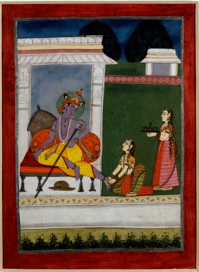 Hindulaisuus: "" Krishna lepää"" Seuraava takoo hänen jalkojaan. Persialainen miniatyyri 1600-luvun Intian koulusta. Rennes, Kuvataidemuseo tekijältä Persian School