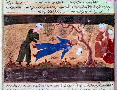 Mongolien historia: Muhammad hwarazmshahin kuolema. Käsikirjoitus "Tarinoiden summa (Djame al-tavarikh) (Djame al-tavarikh)" (Folio 60v), kirjoittanut Rachid al-Din Fazl-ollah (Fazl ollah) Hamadani tekijältä Persian School