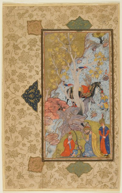 Iskandar vierailee erakossa, Shiraz, Iran, n. 1580-1600 (läpinäkymätön akvarelli, muste ja kulta paperilla) tekijältä Persian School