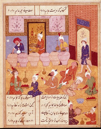 Islamilainen taide: "" juhla muusikoiden kanssa"" Pienoiskuva, joka havainnollistaa persialaisen runoilijan Hafezin (Hafiz Shirazi) runoja, persialainen käsikirjoitus. 1554 San Lorenzo de El Escorial, El Escorialin luostarin kuninkaallinen kirjasto, Madrid tekijältä Persian School