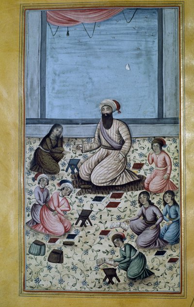 Koraanin peruskoulu (alkeiskoulu) Persiassa 1800-luvulla. Persialainen miniatyyri tekijältä Persian School