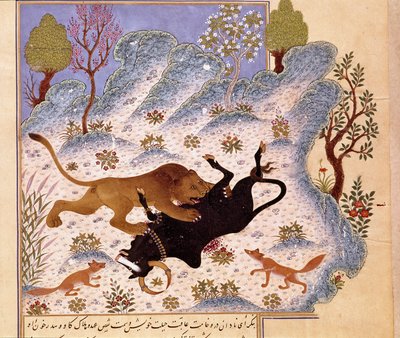 Leijona hyökkää härän kimppuun Kalilan ja Dimnan sivu tekijältä Persian School