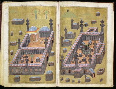 MS.343.f15v-16r Medinan ja Mekan moskeijat, teoksesta "Reasons for Charity", kirjoittanut Mustafa Al-Shukri, 1160 tekijältä Persian School