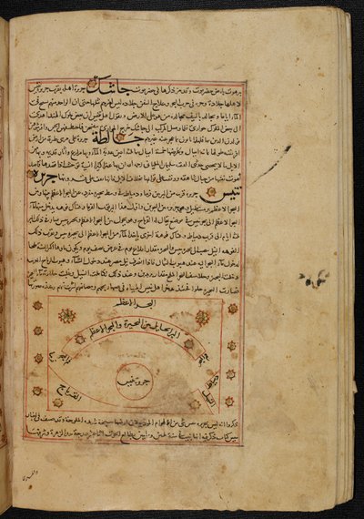 MS Or. 3623, fol. 49b Tinnisin kaupungin asemakaava, kuva "Luomisen ihmeistä", kirjoittanut Zakarīyā ibn Muḥammad al-Qazwīnī (muste paperille) tekijältä Persian School
