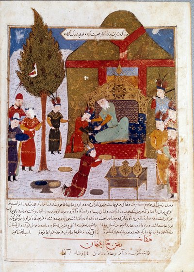 Mongolian keisari Tšingis-kaani (1167-1227) valtaistuimellaan leirillä lähellä Ilmiliä pojanpoikiensa Quibalai ja Hule Gu kanssa. Persialainen miniatyyri, jonka Jami al-Tawarikh (Jami al tawarikh) (Mongolian valtakunnan historia) on ottanut Rashid al-Din ( tekijältä Persian School