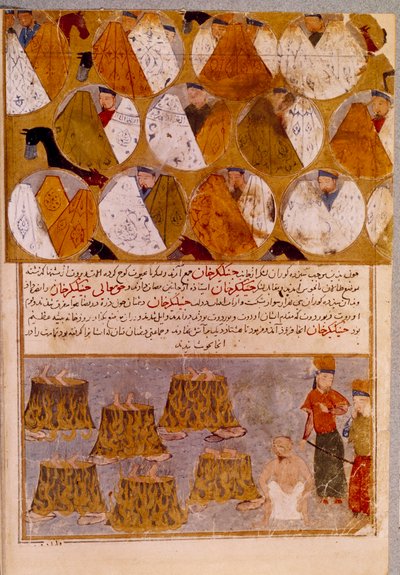 Mongolialaiset teltat ja Tšingis-kaanin (1162-1227) vangit: Tšingis-kaani heittää padoihin Djamuquan, Jadjirat-heimon mongolin, seuraajat. Persialainen pienoismalli otettu sanoista "" Jami al-tawarikh"" (Jami al tawarikh) tai "" Universal History"" tekijältä Persian School