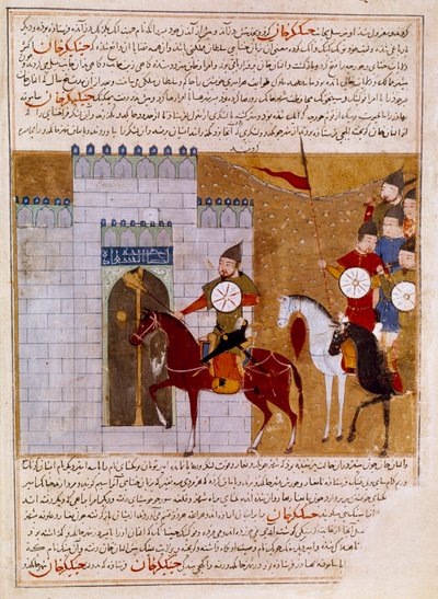 Mongolit piirittävät persialaista pienoislinnoitusta, joka on otettu historioitsija Rashid al-dinin (al din) (1247-1318) "" Jami al-tawarikhista" (Jami al-tawarikh) tai "universaalista historiasta" (1247-1318) Noin 1430 Pariisi, B.N. tekijältä Persian School
