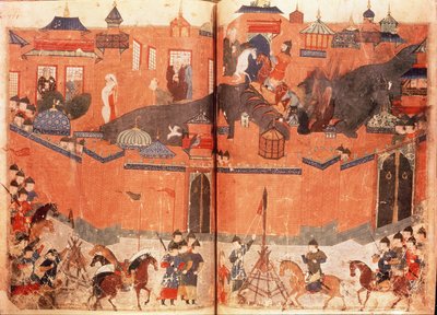 Ms.Sup.Pers.1113.f.180v-181 Mongolit Hulagu Khanin johdolla hyökkäämässä ja vangitsemassa Bagdadia vuonna 1258 Rashid al-Dinin (1247-1318) kirjasta (vellum) tekijältä Persian School