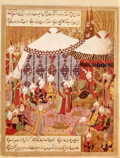 Or.1359 fol. 35 v. Sultan Bayazid Timurin vangitsema, 1402 Zafarnamasta 1533 (muste vellum) tekijältä Persian School