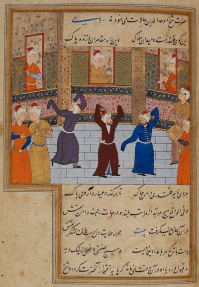 Tai. 11837, f.152 Muhammad Tabadkani (k.1486) tanssii dervisheiden kanssa, kuvitus Kamal al-Din Husayn Gazurgahin teoksesta Majalis al-