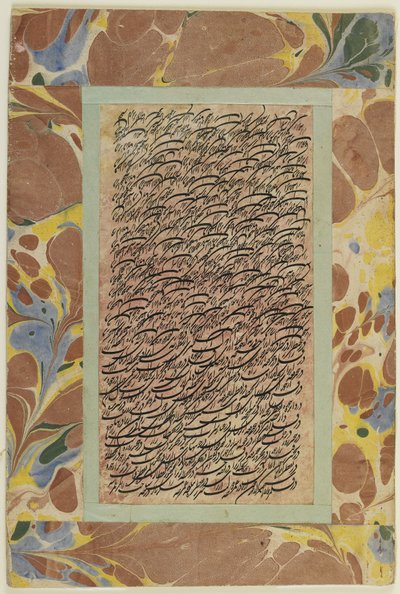 Kalligrafiasivu, irrotettu albumifolio, 1800-luku (muste paperille kiinnitetty kartongille) tekijältä Persian School