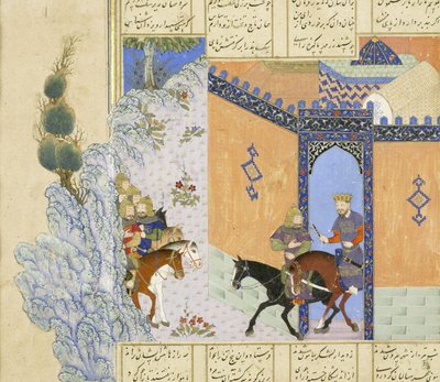 Persian 239 fol.394a Detail: Abul-Qasim Mansur Firdawsi (n. 934-c.1020), 1444, kuvitus Shahnamasta (Kuninkaiden kirjasta). tekijältä Persian School