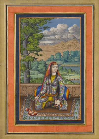 Persialaisen naisen muotokuva, Folio Davis-albumista, n. 1736-1737 (muste, läpinäkymätön akvarelli ja kulta paperille) tekijältä Persian School