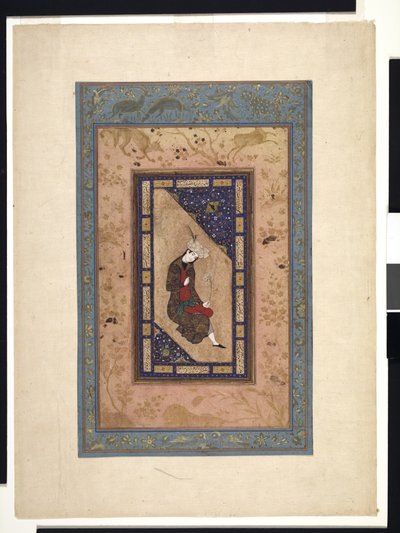 Safavid-prinssin muotokuva, n. 1590-1630 tai uudempi (läpinäkymätön akvarelli ja kulta paperille) tekijältä Persian School
