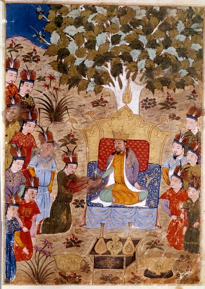 Tšaghtai-kaanin (1227-1242) edustaja hänen valtaistuimellaan, hän on Tšingis-kaanin poika ratsain. Persialainen miniatyyri otettu Jami al-Tawarikhista" (Jami al tawarikh) tai ""Universaalista historiasta"", historioitsija Rashid al-din (al din) (1247-1318) tekijältä Persian School