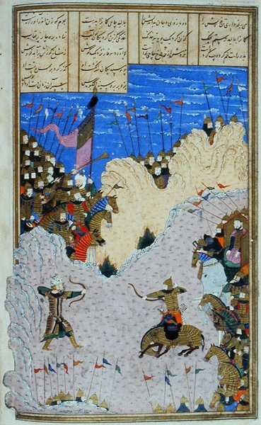 Rustam ampuu Ashkabuksen ja hänen hevosensa, kuvitus "Shahnamasta" (Kuninkaiden kirja), kirjoittanut Abu