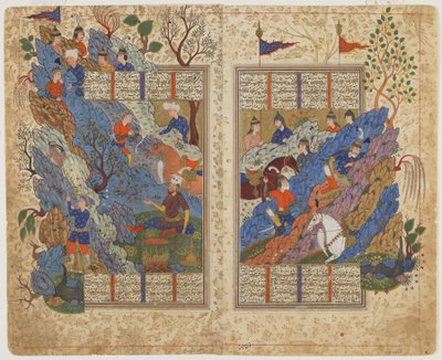Rustam potkaisee takaisin kiven, jonka Bahman vieritti hänelle Shahnamasta (Kuninkaiden kirja), n. 1590-1600 (muste, läpinäkymätön akvarelli ja kulta paperilla) tekijältä Persian School
