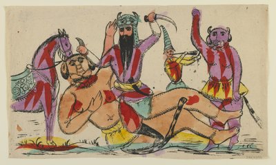 Rustam tappaa divin, 1800-luvun loppupuoli (käsin värjätty litografia). tekijältä Persian School
