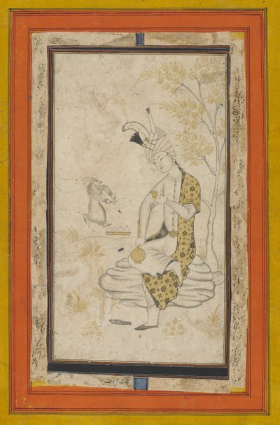Shah Tahmasp Istuin kalliolla, Safavid-dynastia (mustetta ja kultaa paperilla) tekijältä Persian School