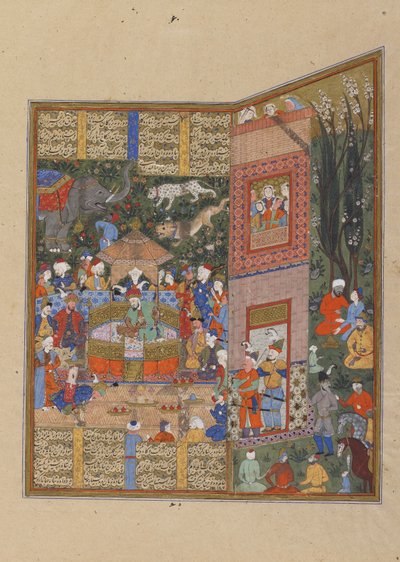Salmin ja Turin lähettiläitä ennen Faridunia, n. 1560 (läpinäkymätön akvarelli, muste ja kulta paperille) tekijältä Persian School