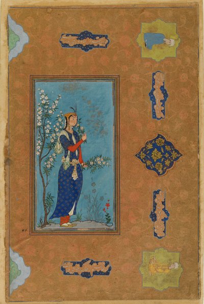 Nainen kukkasuihkeen kanssa, Safavid-kausi, n. 1575 (wc ja kultaa paperilla) tekijältä Persian School
