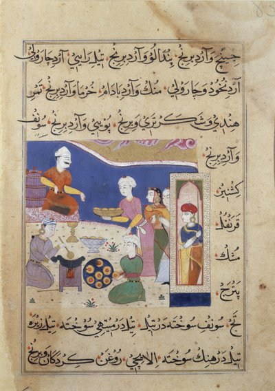f.83v Makeisten valmistus Mandun sulttaanille intialaista ruokaa käsittelevästä käsikirjoituksesta (vellum) tekijältä Persian School