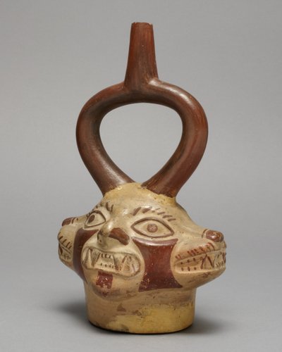 Jalustiastia monipäisen kissan muodossa, 250-500 jKr (keraaminen ja pigmentti) tekijältä Peruvian School