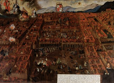 Näkymä Cuzcosta vuoden 1650 maanjäristyksen aikaan tekijältä Peruvian School